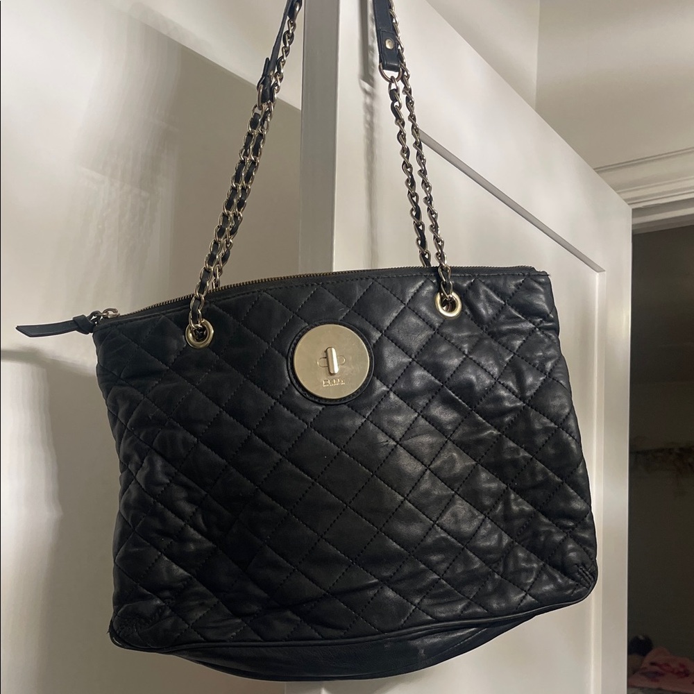 DKNY Black Quilted Chain-Handle Tote with Gold Accent